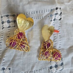Gold and Purple Heart Wire Earrings